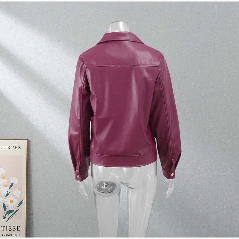Spring and Autumn Women Long Sleeve Jacket Pu Leather Lapel Zipper Motorcycle Retro Coat Loose Casual Fashion Street Wear