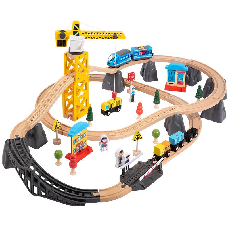 Wooden Train Toy Set with Tower Crane for Kids - Educational Assembly Playset
