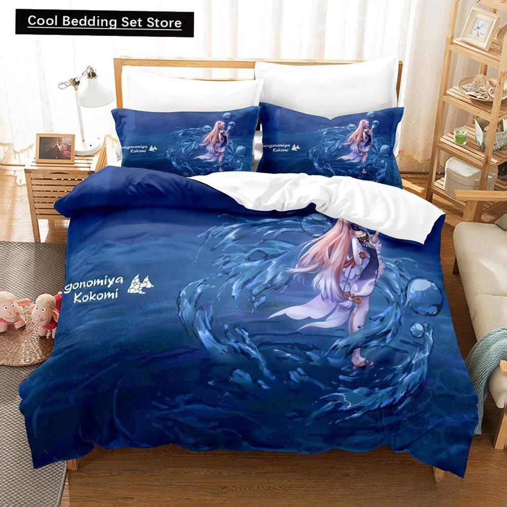 Genshin Impact Sangonomiya Kokomi Bedding Set Cartoon Anime Three-piece Set Adult Kid Bedroom Duvet Cover Sets 3D Kawaii Girls
