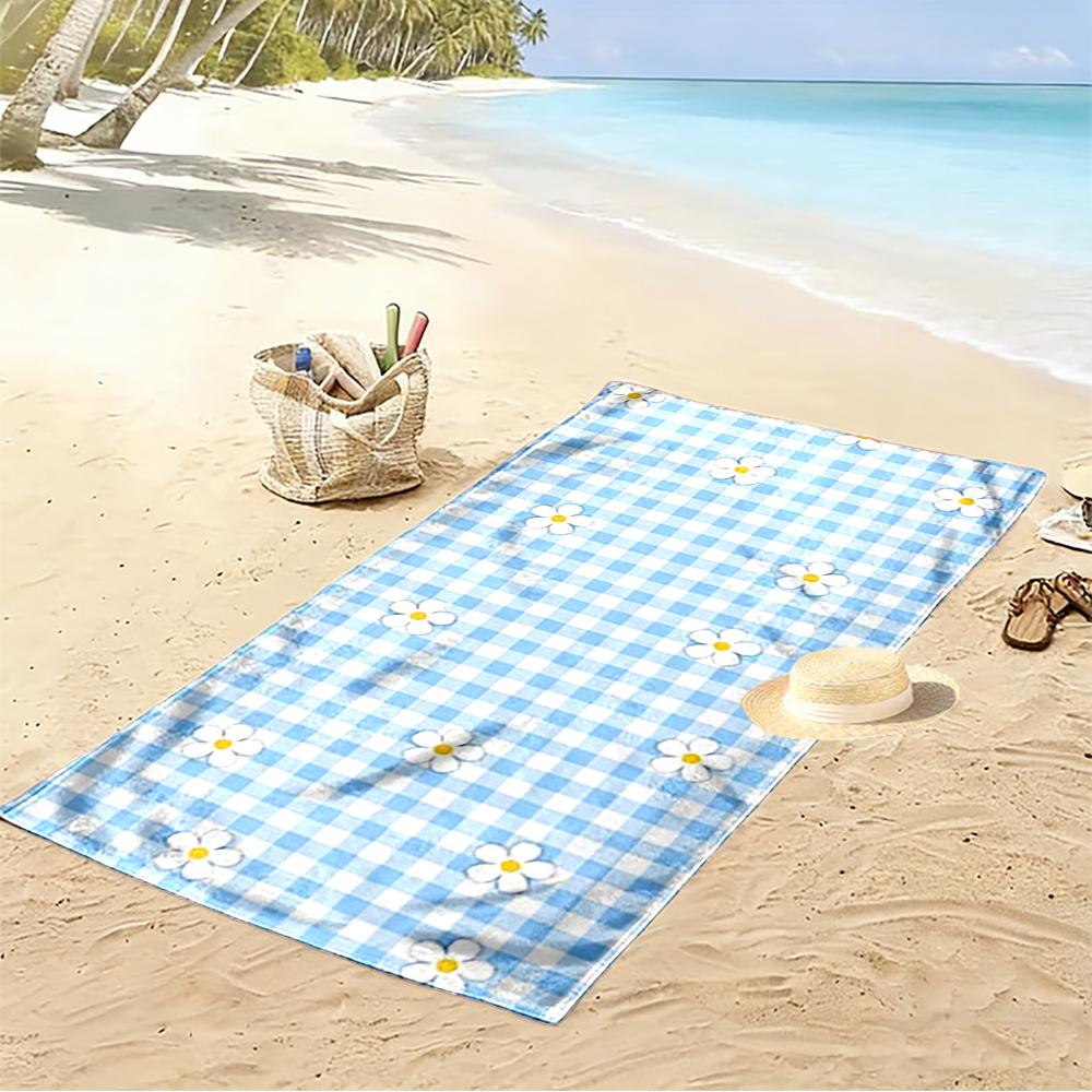 Blue Checkered Daisy Pattern Beach Towel quick-drying for travel outdoor sports jogging beach and swimming