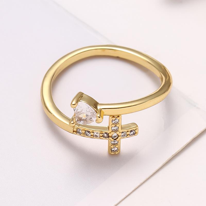 Exquisite Sparkling Zircon Heart Cross Opening Ring, Women's Fashion Trend Holiday Party Accessories