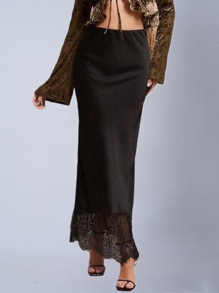 Gonna in Raso da Donna con Patchwork di Pizzo - Sensazione di Alta Classe, Elegante per Primavera e Autunno