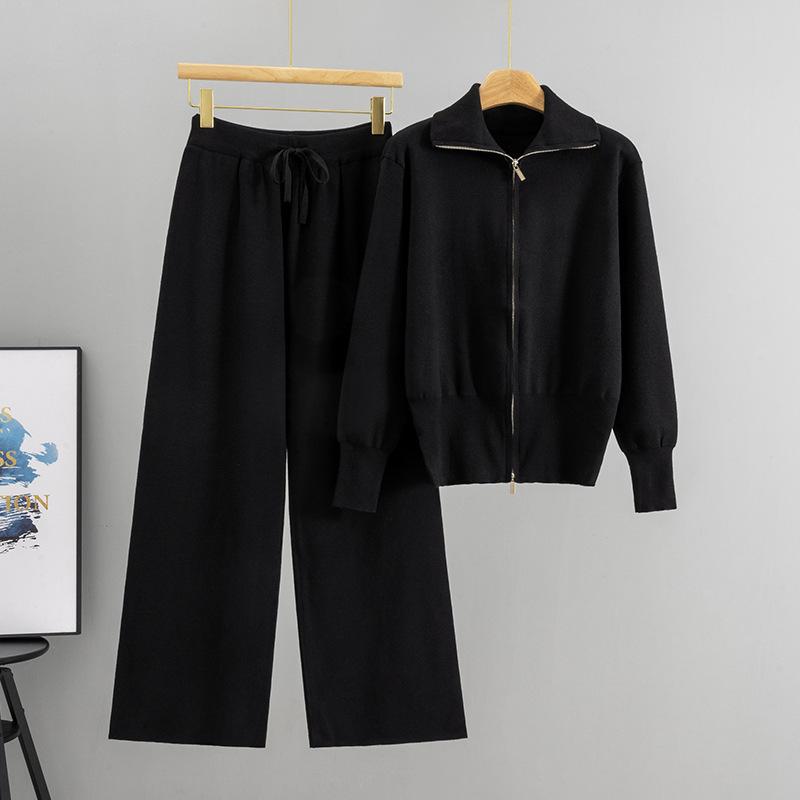 

Casual Women s Fashion Set with Double Zippers, Laid-back and Simple, Youthful Loose Cardigan Knitted Two-piece Set for Spring and Autumn One size