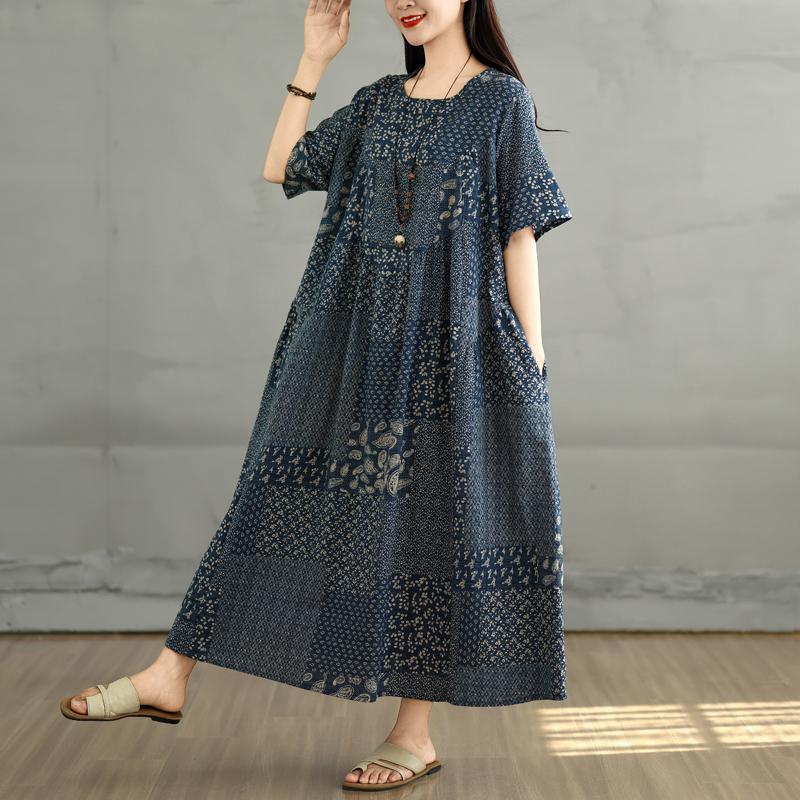 

DIMANAF 2025 Летнее платье больших размеров для женщин, повседневное винтажное платье-рубашка свободного кроя, базовое платье с принтом 2XL синий