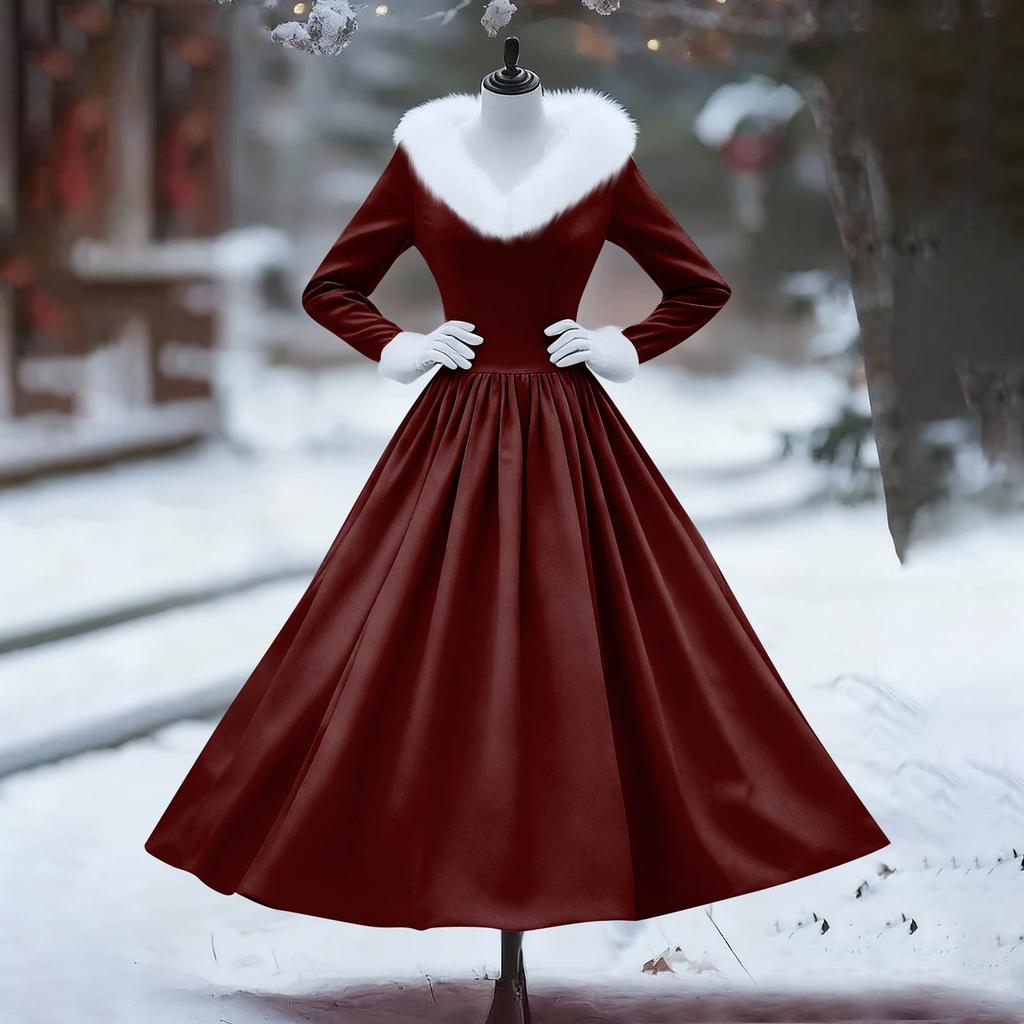 Women's Casual Dress Long-Sleeve V-Neck Patchwork Fleece Christmas Print Dress