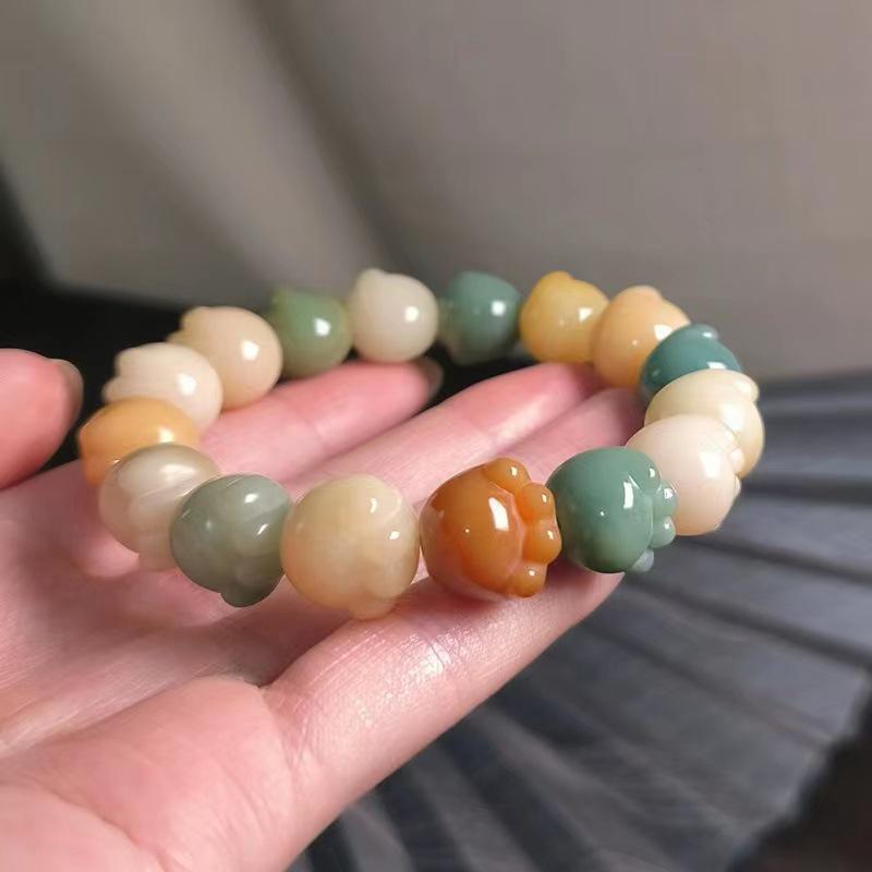 Women's Natural White Jade Charcoal-Grilled Bodhi Root Cat Paw Bracelet with Finger-Wrapped Prayer Beads
