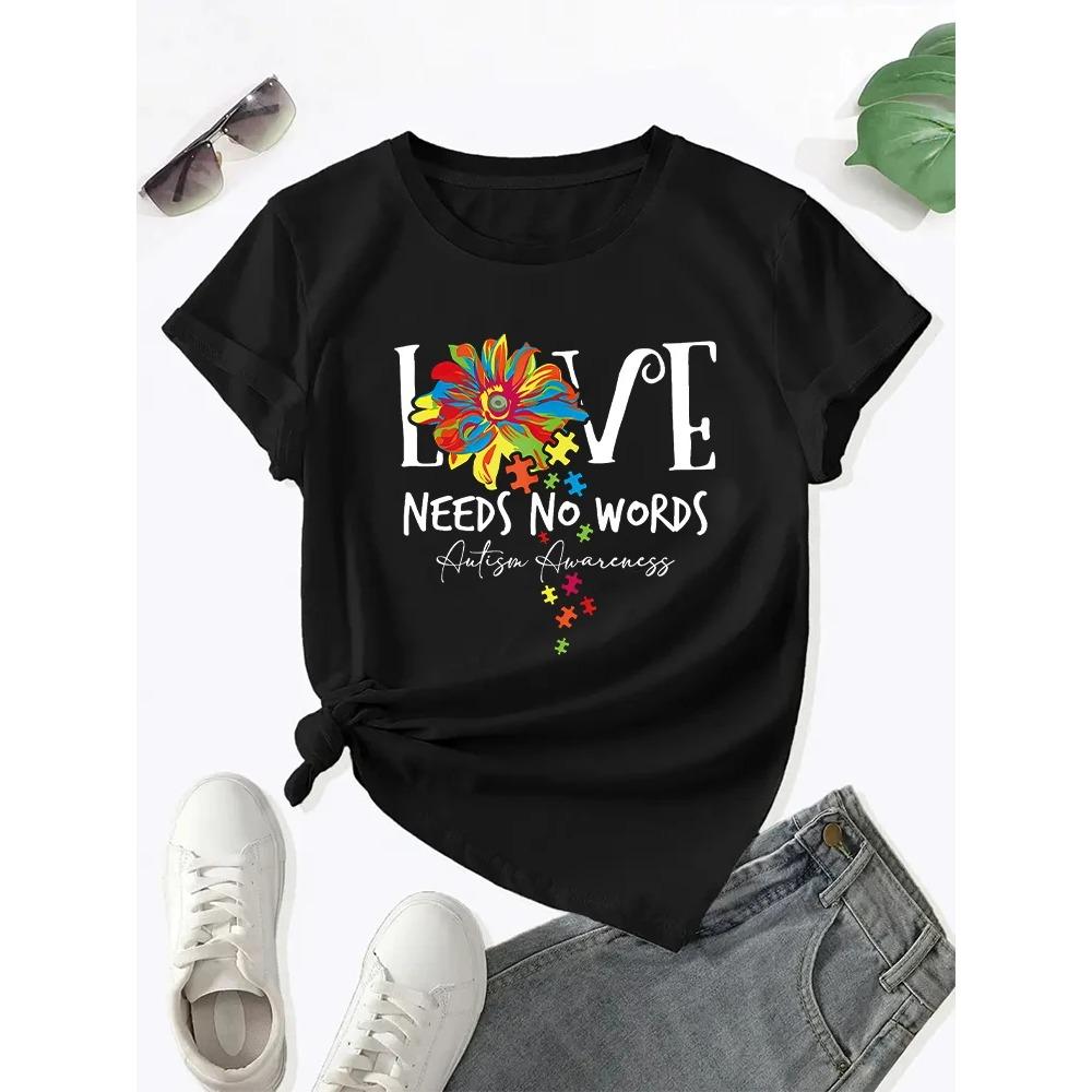 2025 Summer New Womens Round Neck Letter Printed T Shirt Love Needs No Words Top Summer Casual Women Tshirt Clothing