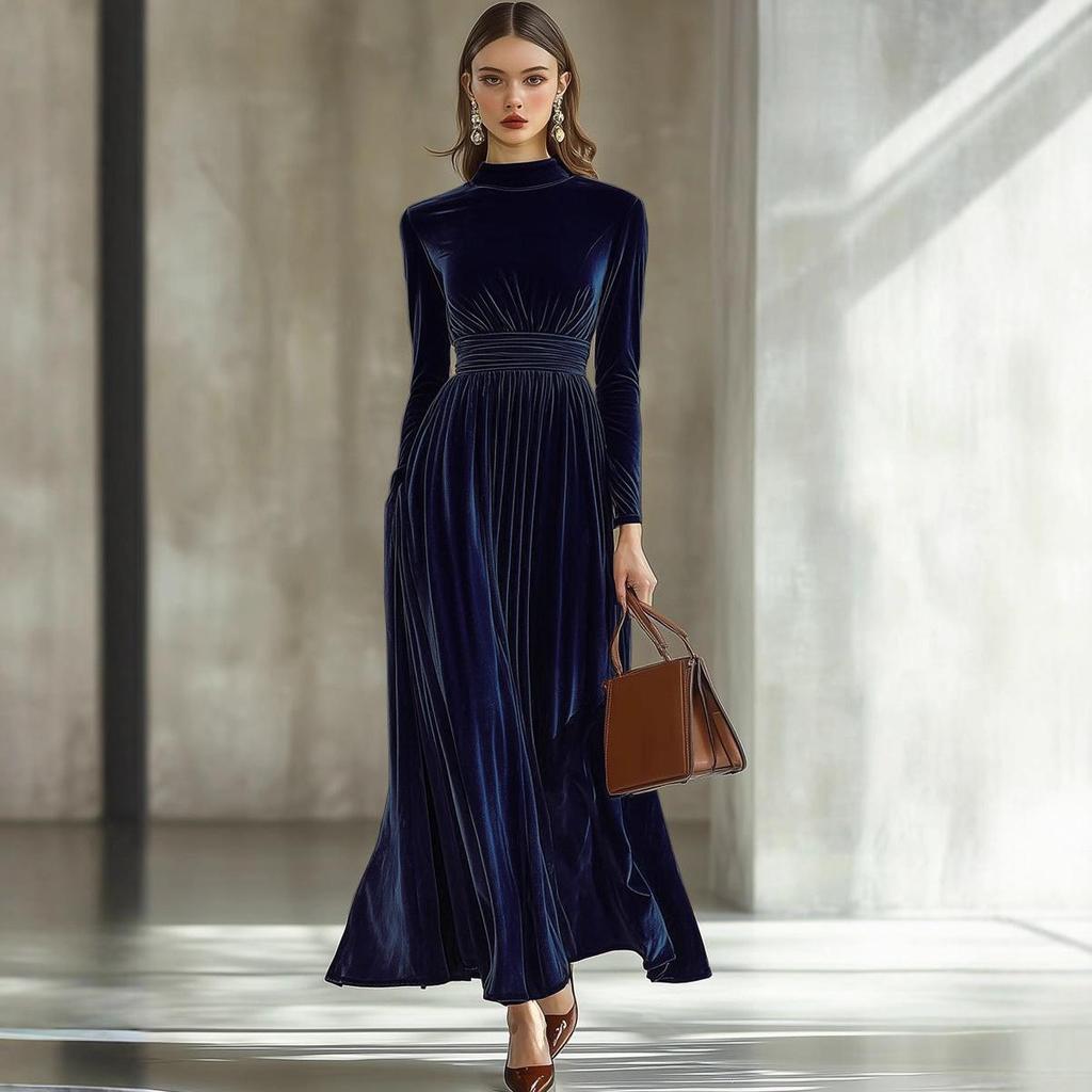 Women's Elegant Gold Velvet Long-Sleeve Dress with Cinched Waist and Flared Hem for Autumn/Winter