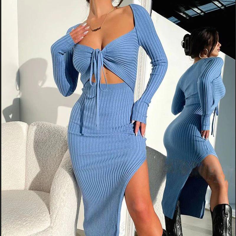 

Fashion Wind Sexy Deep V Crop Top Fashionable with Side-Slit Sheath Dress Sexy Split Hip Wrap Dress Blue L