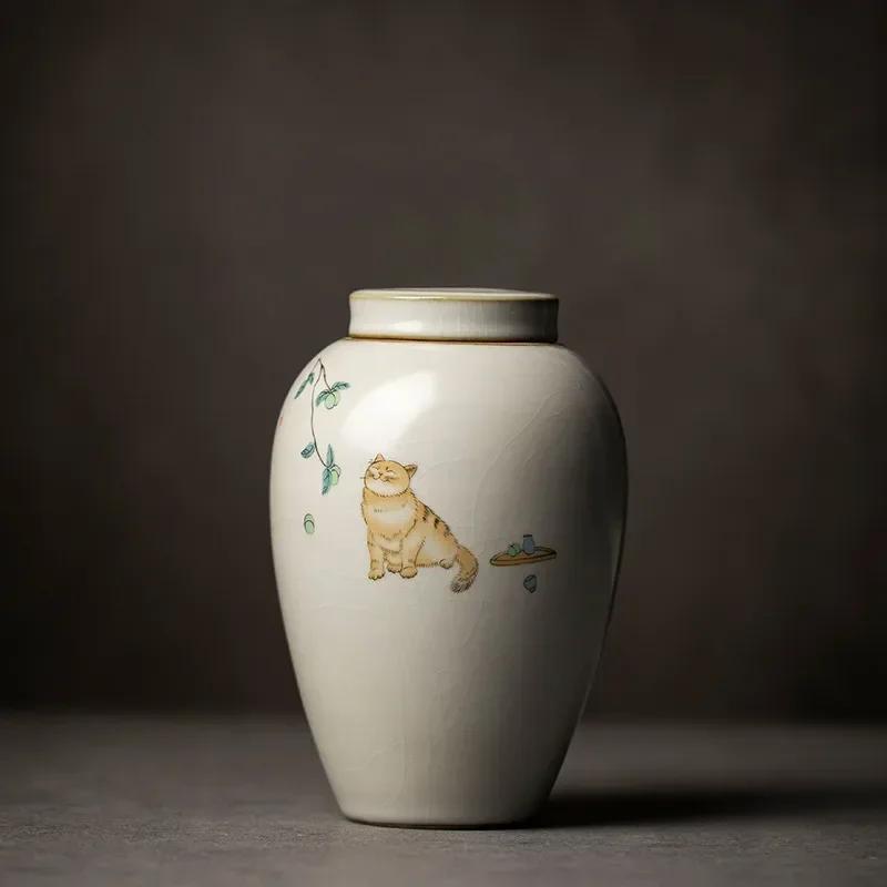Retro Ru Kiln Ceramics Tea Caddy Cute Cat Pattern Portable Sealed Tea Leaf Containers Travel Tea Bag Storage Box Spice Organizer