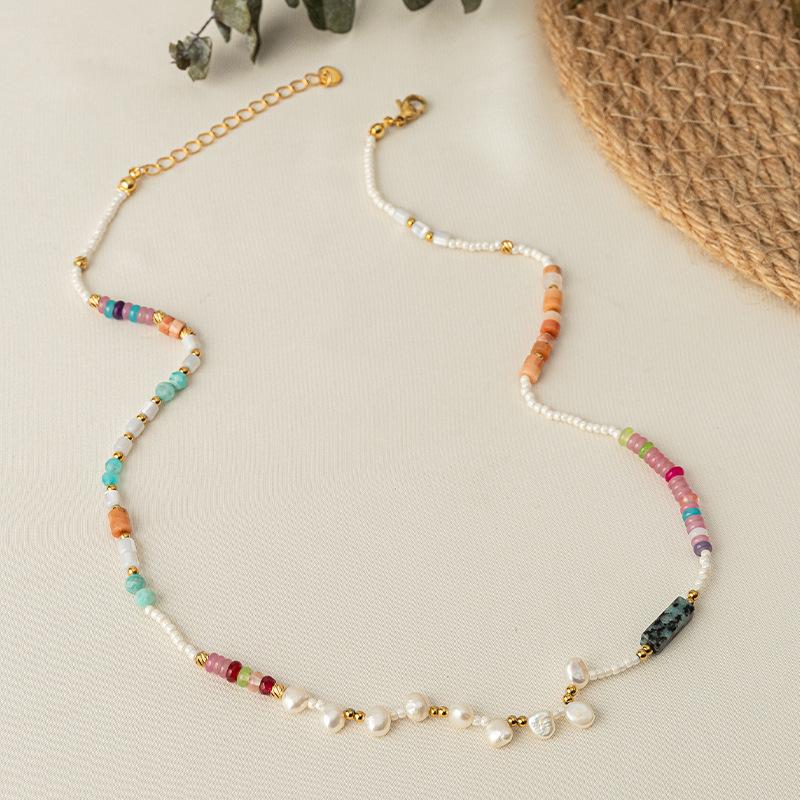 GEMCHIC Women's Bohemian Style Natural Stone and Pearl Beaded Necklace with Gold Plated Stainless Steel Chain