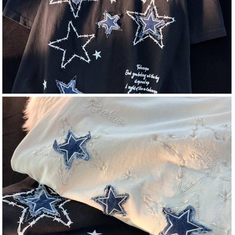 Unisex Embroidered Star Short-Sleeve T-Shirt, Pure Cotton, American Style, Trendy Loose Fit, Heavyweight Summer Tee