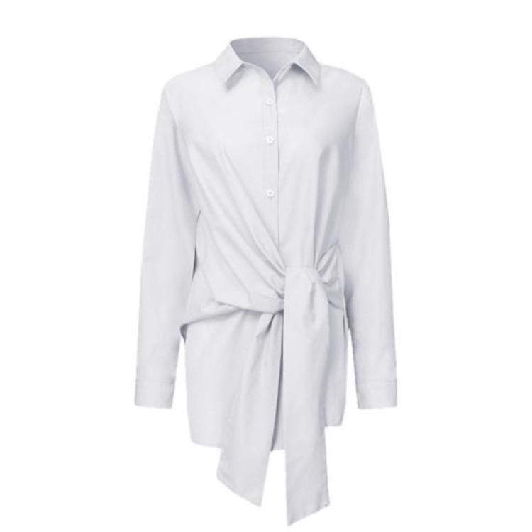 Women Fashion Asymmetric Turn Down Collar Shirt Blouse with Waist Lacing Buttons
