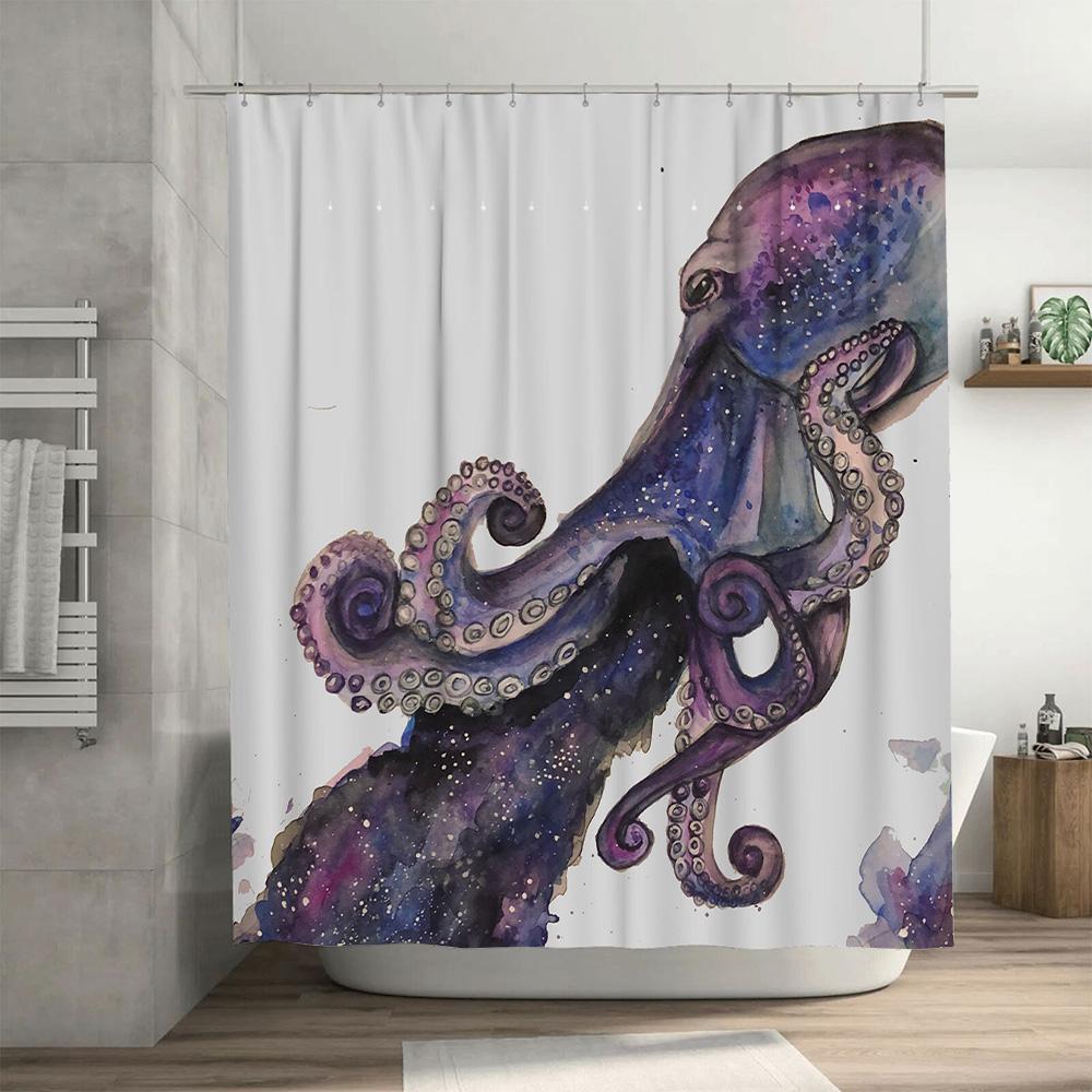 Stunning Purple Octopus Bathroom Shower Curtain Set Watercolor Artistic Design for Home Decor