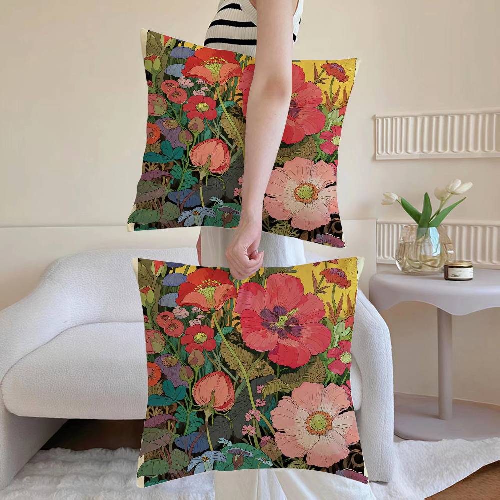 Painted Flowers Pillow Case Sofa and Living Room Decorative Cushion Covers Dust-proof and Mite-proof Invisible Zipper