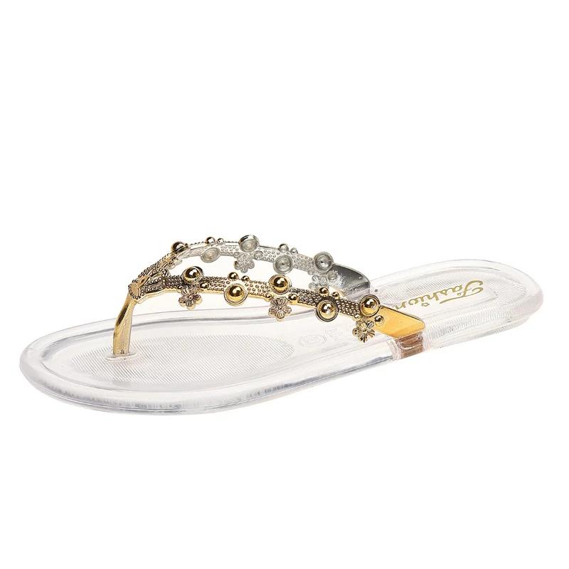 

Женская обувь 2025 Женские шлепанцы Модные шлепанцы для пляжа с бусинами Женские летние шлепанцы с плоской подошвой и перемычкой между пальцами 36 золотой