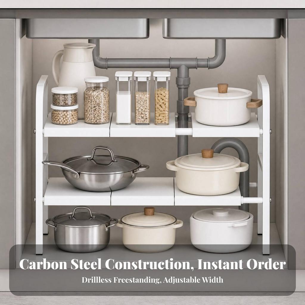 Carbon Steel Under-Sink Storage Rack Space-Saving Expandable Under Sink