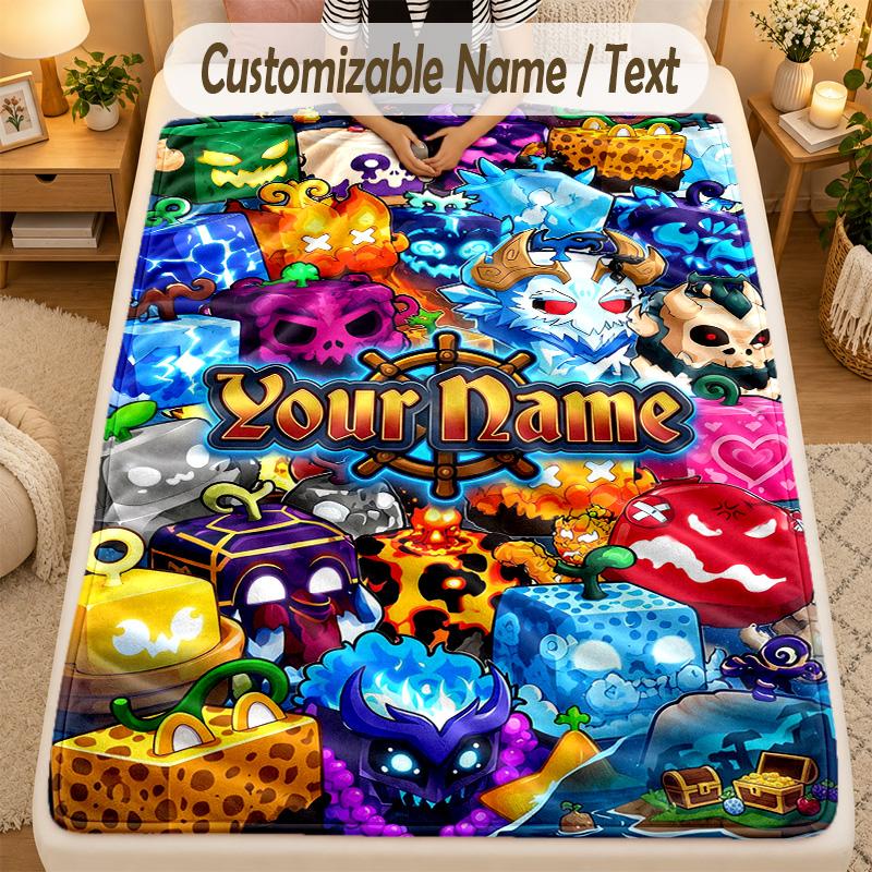Flannel BlanketBlox Fruits Custom Name Text Personalized Soft Warm Throw Blanket Home Decor Gift