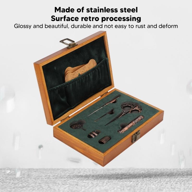 Vintage Embroidery Scissors Set Wooden Stainless Steel Sewing Box Scissors Kit Multifunctional Sewing Embroidery Tools Bronze