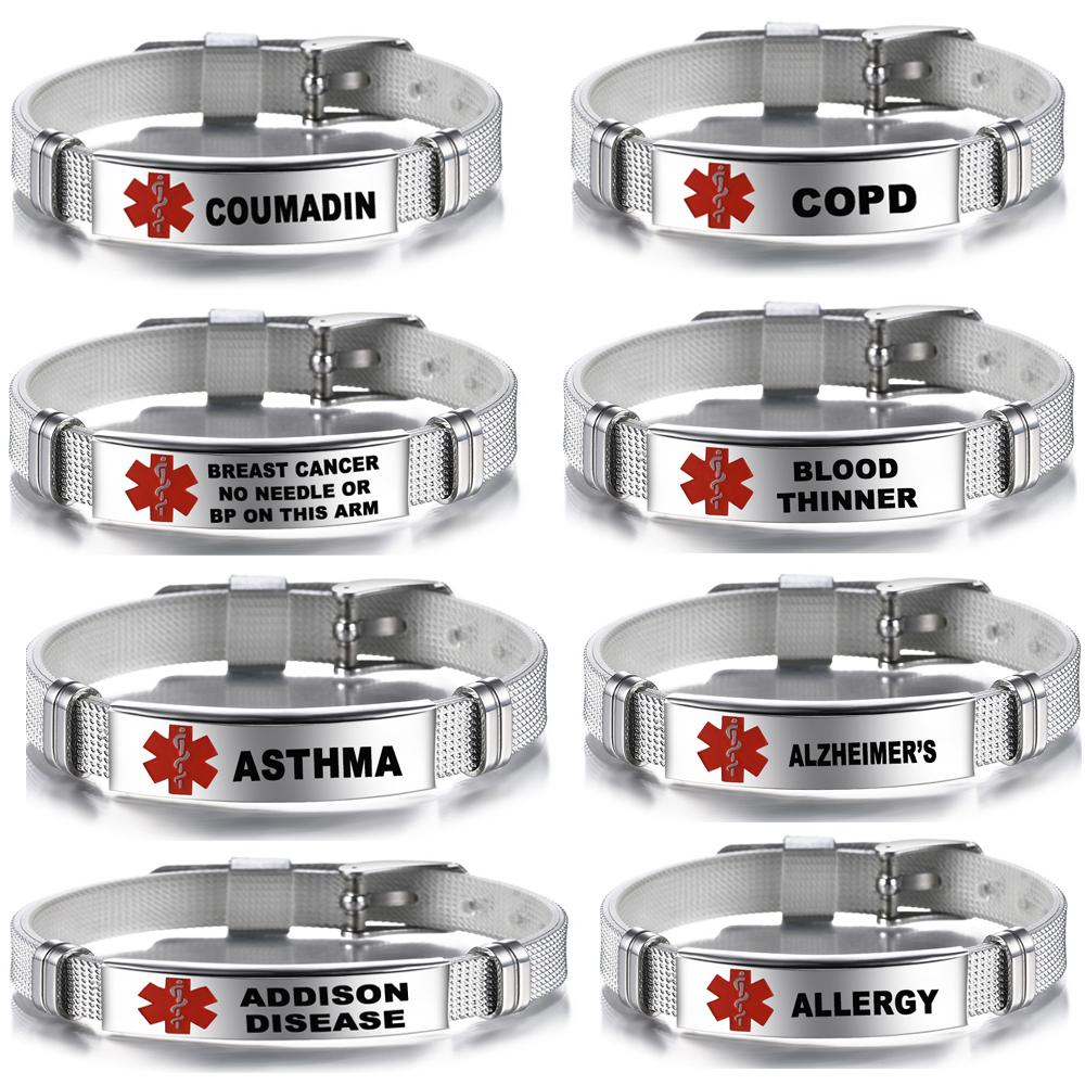 Medical Alert ID Bracelet Emergency First Aid Health Monitoring Laser Engraved Satinless Steel Adjustable Bracelet for Men Women
