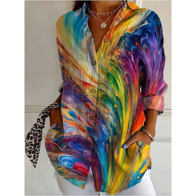 Geometric Print Long Sleeved Lapel Button Women's Shirt High Street Fashion Artistic Retro Style Spring Top