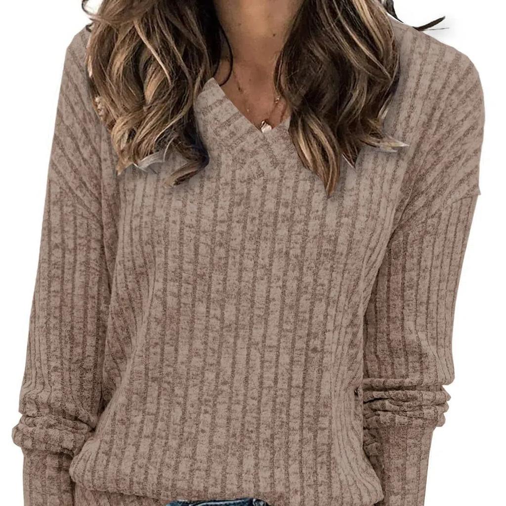 Women's V-Neck Long Sleeve Shirts, Casual Fall Tops Lightweight Tunic Sweaters, Ribbed Brushed Knit T-Shirt Top, Perfect for Everyday Wear or Layering