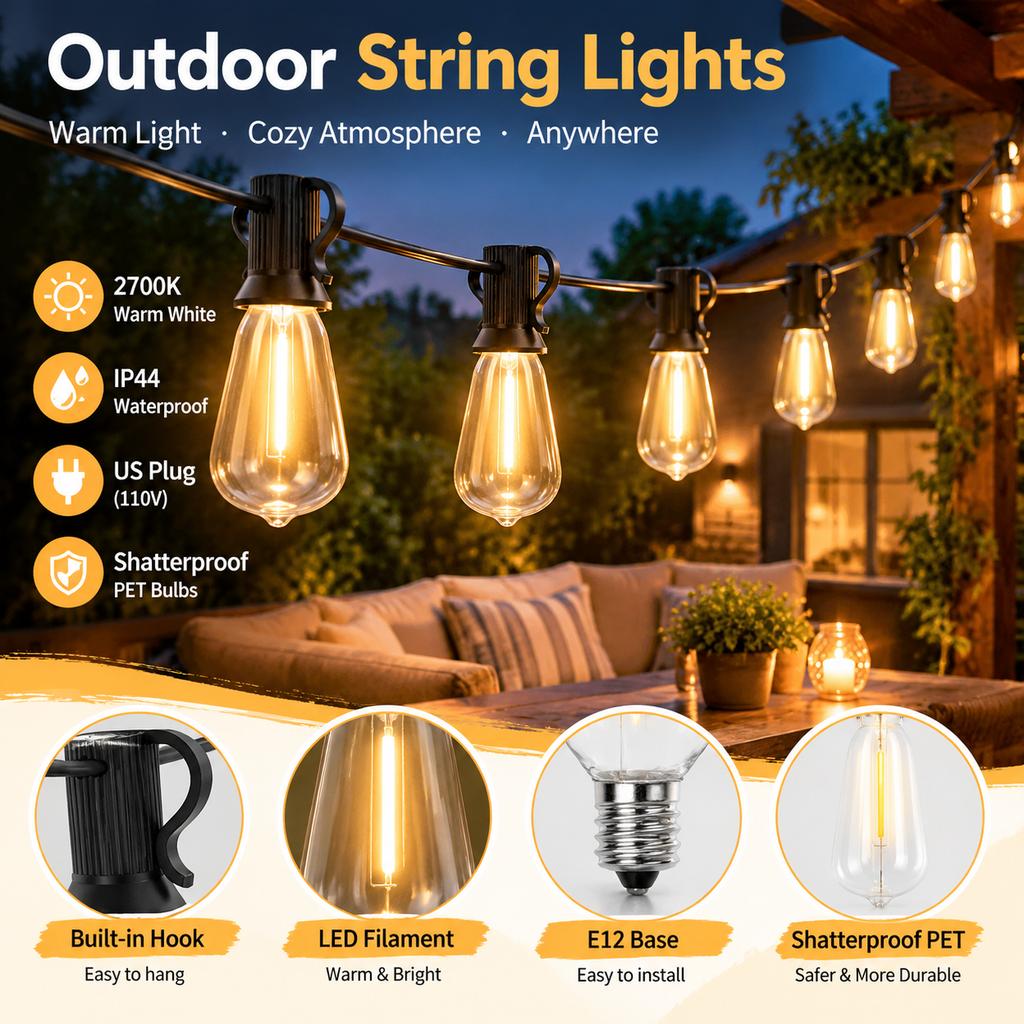 Outdoor LED Faux Tungsten String Lights IP44 Waterproof Warm White for Patio Camping