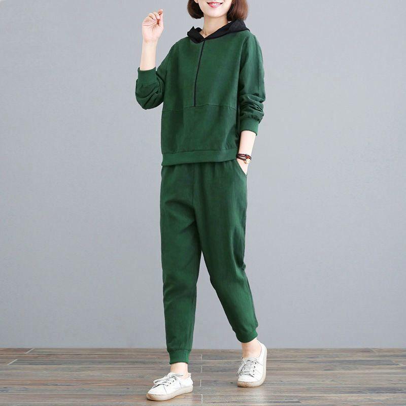 Women's Plus Size Hooded Two-Piece Set - Loose Fit, Long Sleeve, Spring/Autumn 2026 Korean Style