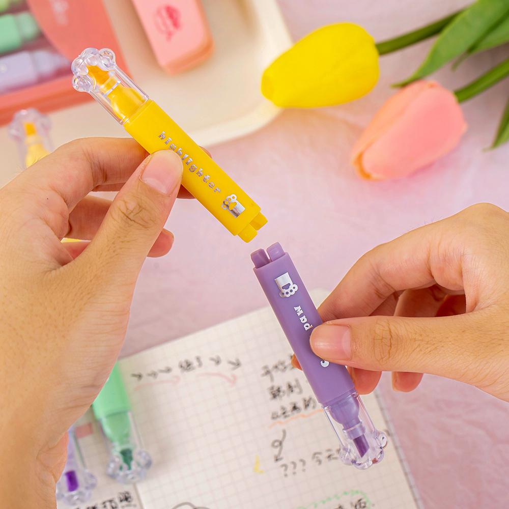 4pcs Cat Paw Design Highlighter Marker Pens Set Cartoon Kitty Dual-Tip Writing Brush for Drawing Painting School Supplies A7716