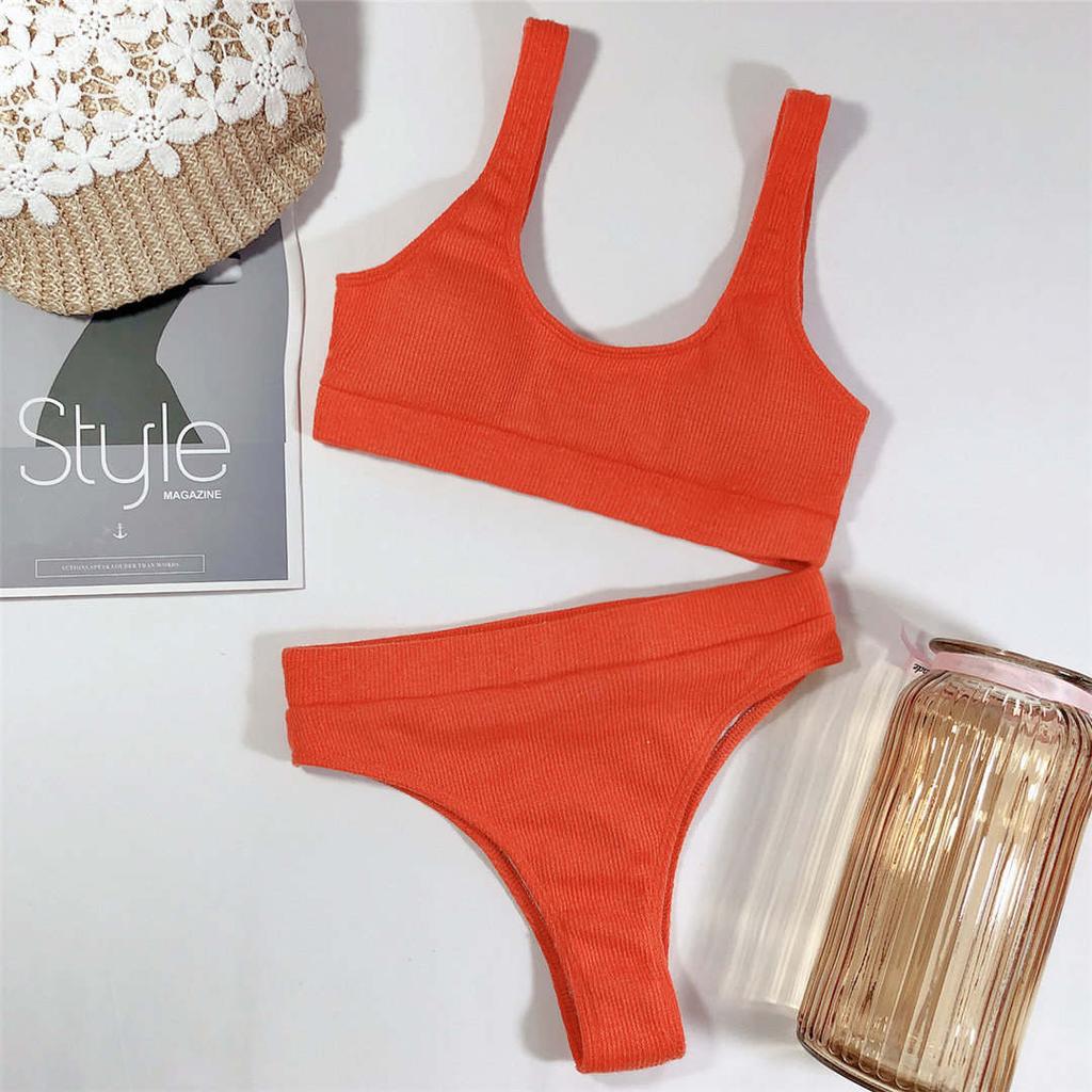 Sexy gerippter Badeanzug mit hoher Taille, Bikini, Damen-Bademode, zweiteiliges Bikini-Set, Badeanzug in Orange