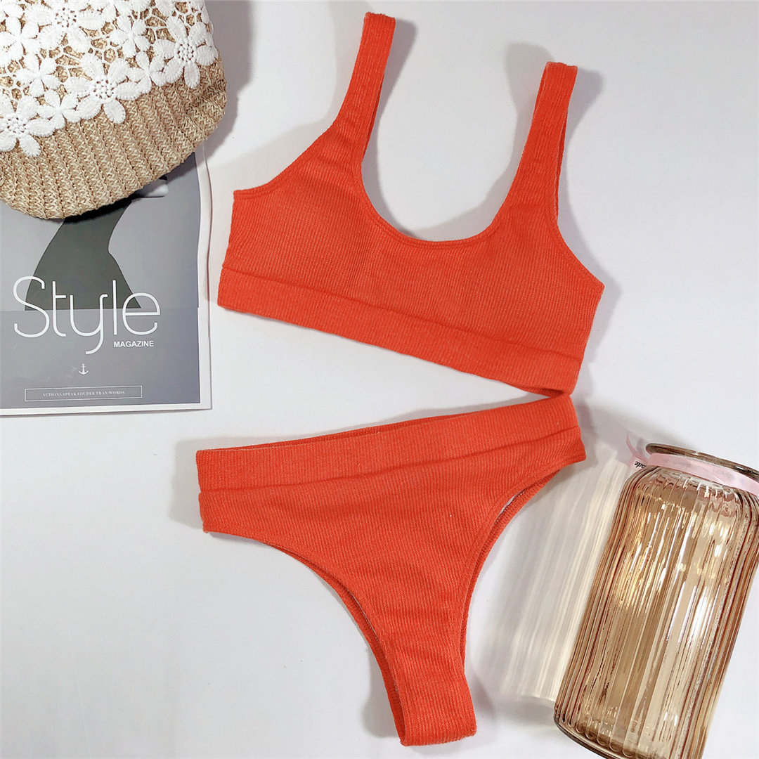 

Сексуальный купальник в рубчик с высокой талией, женский купальник из двух частей, комплект бикини, оранжевый купальный костюм S оранжевый