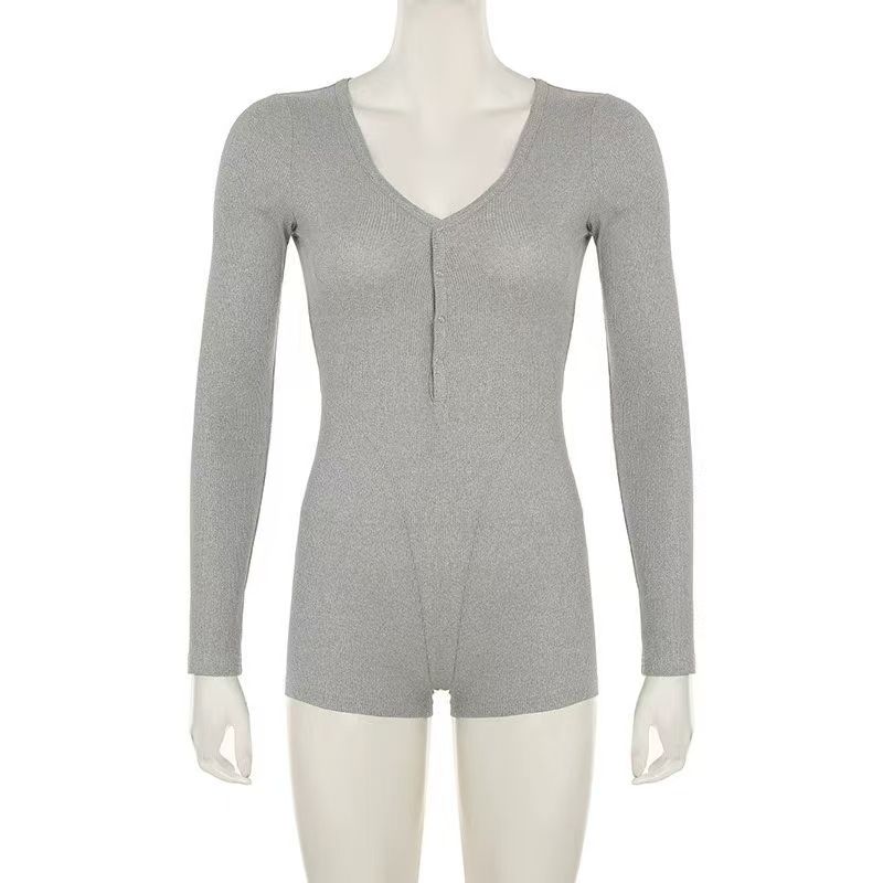 

Европейский и американский однотонный комбинезон с длинным рукавом, приталенный, с V-образным вырезом и пуговицами, комбинезон с длинным рукавом и приталенным силуэтом Gray L