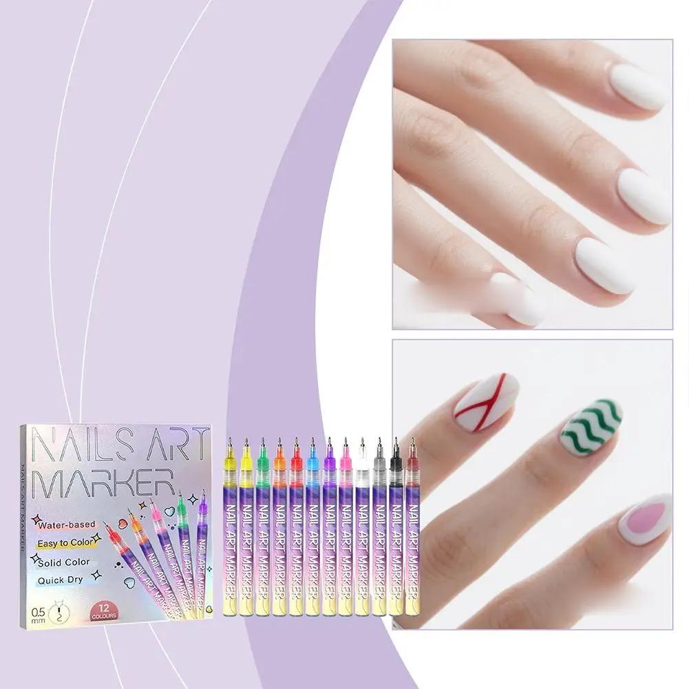 12Pcs/Set Nail Acrylic Graffiti Pen 12 Color Nail Marker Drawing DIY Beauty Nail Art Tools Waterproof and Quick Drying Nail Mark