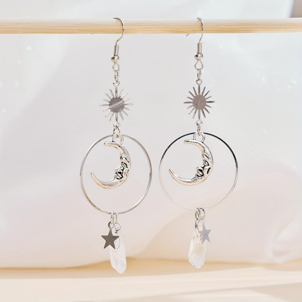 Boucles d'oreilles pendantes tendance Lune Vent Étoile Argent Irrégulières Naturelles Blanches, Bijoux étincelants pour les fêtes, Boucles d'oreilles exquises pour les cadeaux