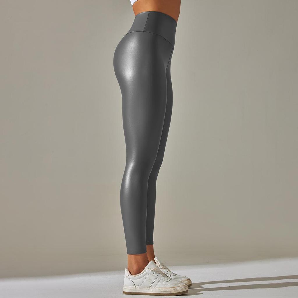 2024 Colorful High-Waist PU Leather Yoga Pants for Running and Fitness