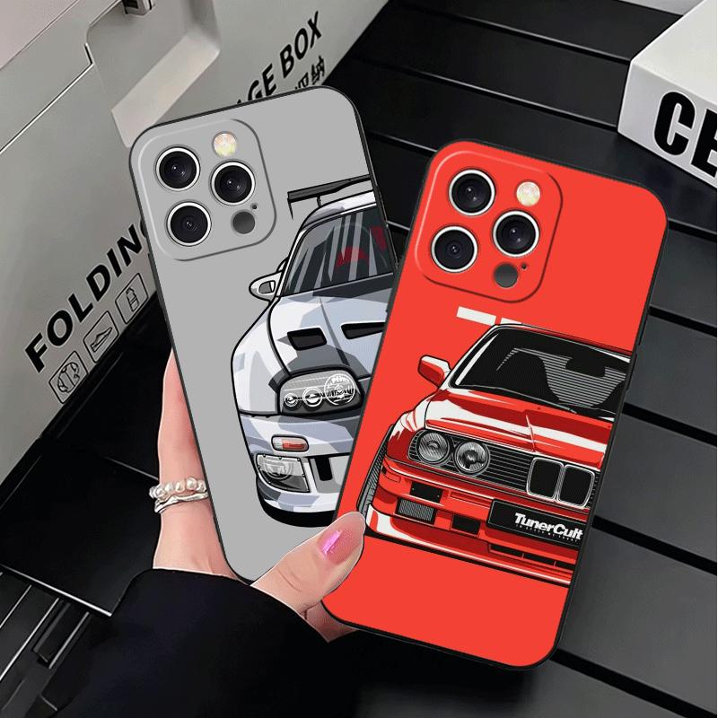 Simple Japanese Sports Cars Pattern Soft Phone Case for iPhone 16 16E 17 Air 15 Pro Max 14 Plus 13 Mini 11 12 7 Black Cover Back