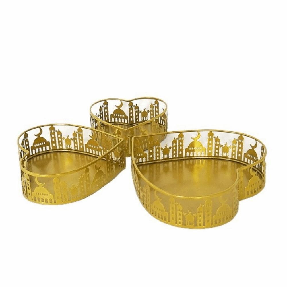 

3Pcs Elegant Ramadan Decorative Tray Heart Shaped Gold Color Ramadan Festival Art Tray Decorative Castle Design Eid Candy Dish