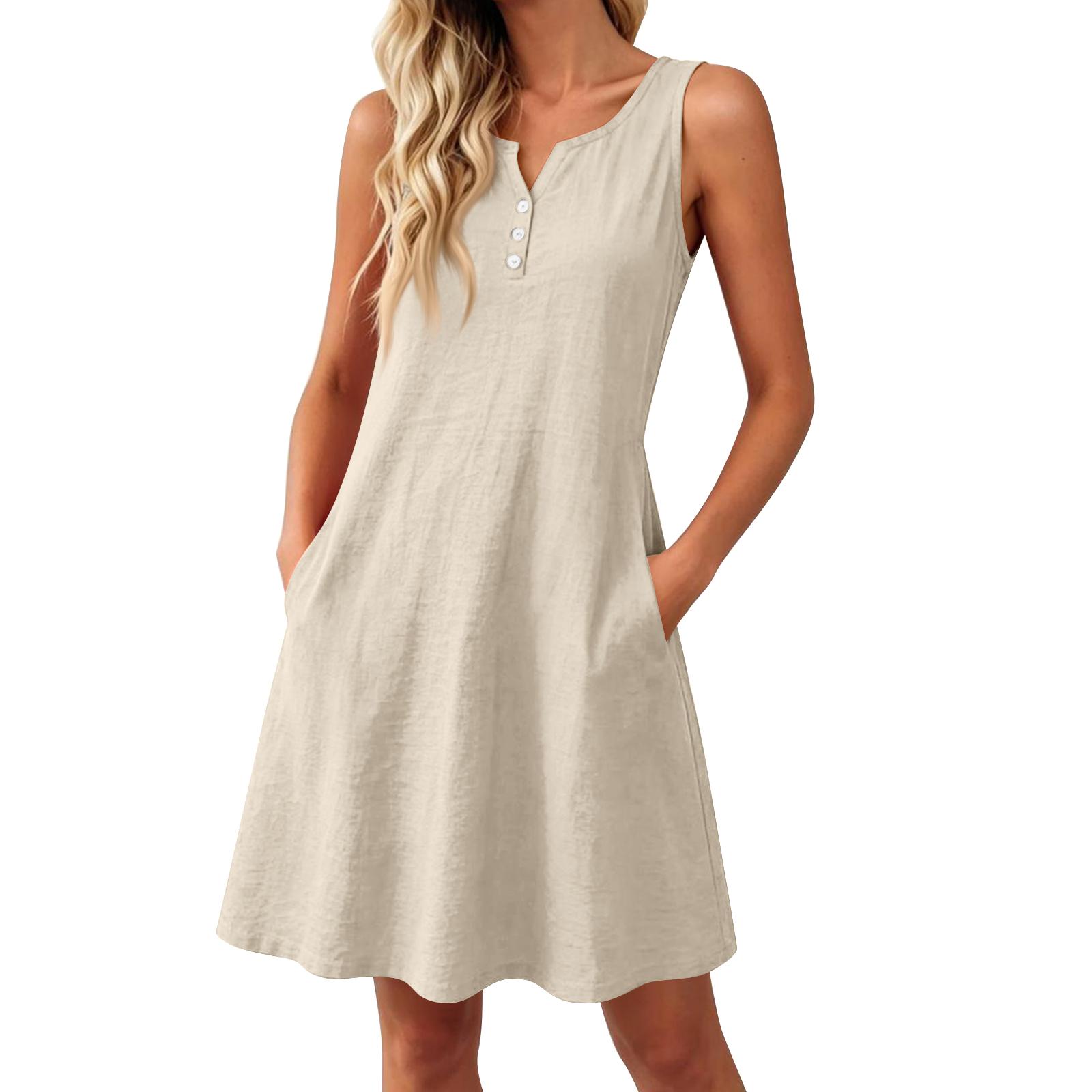 

Summer Dresses Loose V Neck Sleeveless Sundresses Swimsuit Coverup With Pockets L бежевый