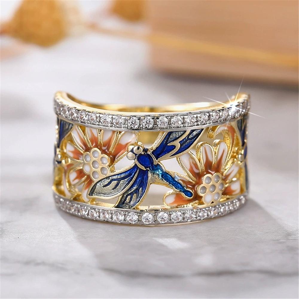 Vintage Flower Dragonfly Animal Rings For Women Gold Color Engagement Wedding Bridal Valentine's Day Gifts