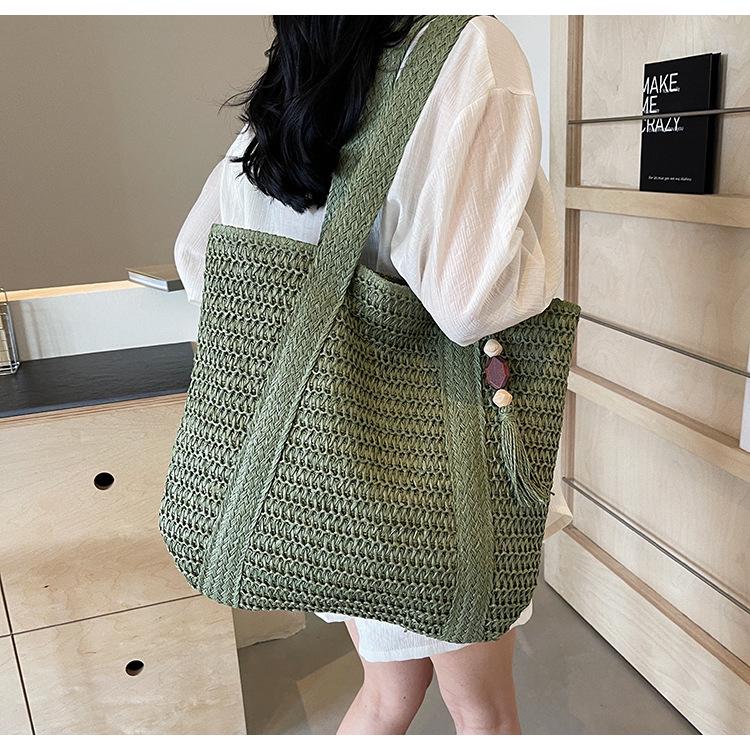 Versatile Solid Color Straw Beach Bag – Large Capacity Vacation Handbag