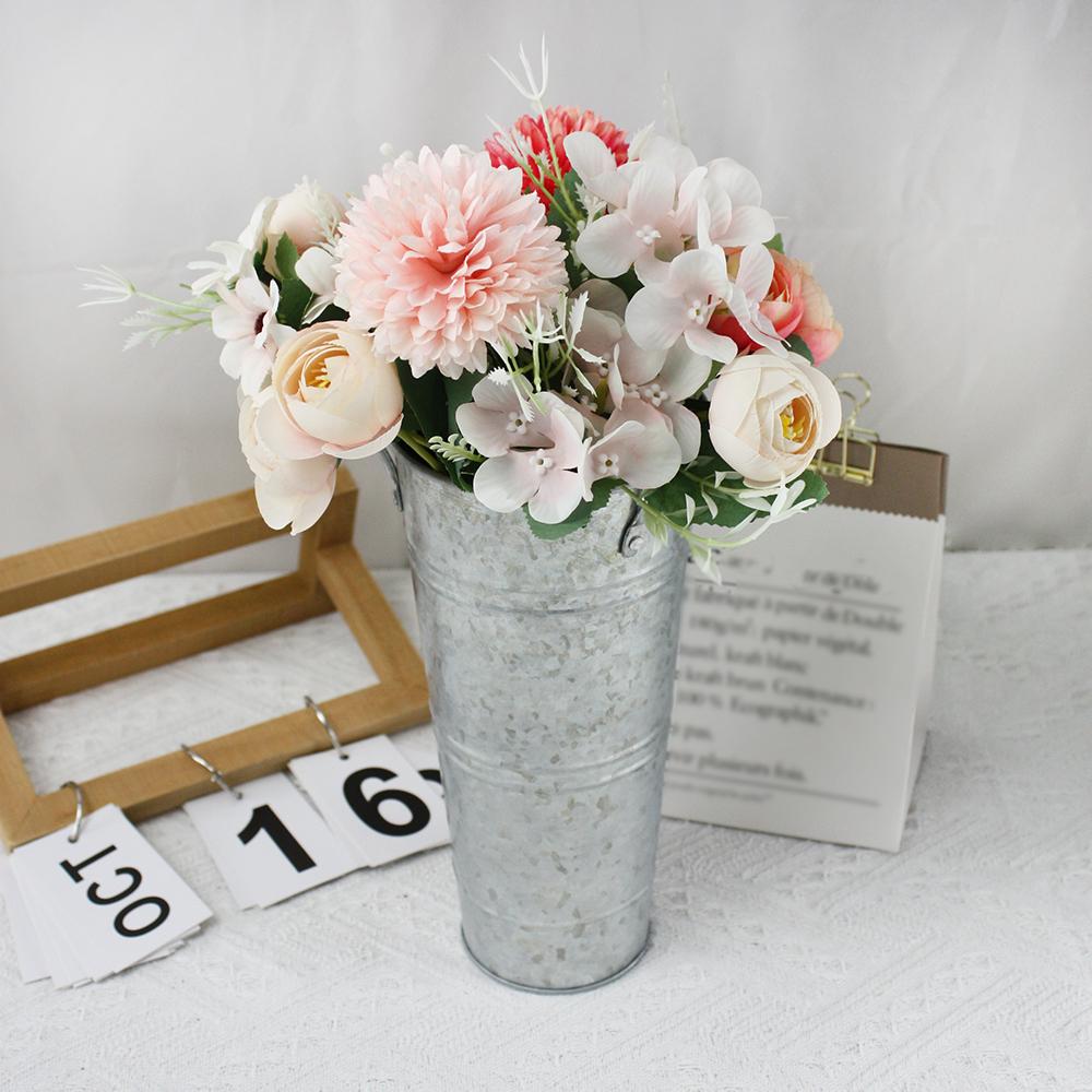 3pcs Set Iron Wrought Simple Argent Vase and Two High Quality Simulation Bouquets for Living Room and Dining Room Decoration