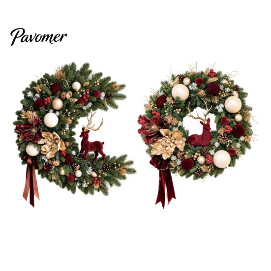 Luxurious Holiday Wreath for Entrance Flocked Christmas with Red Reindeer, Velvet Flocking Hanging Artificial Pine Durable Winter Porch Cones,