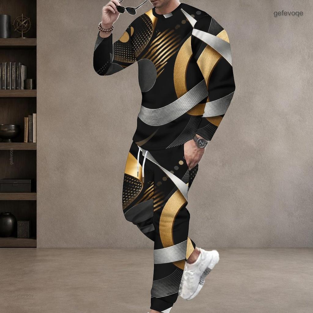 Men Plus Size Black Gold Silver Printed Round Neck Long Sleeve Top Cuffed Pants Two Piece Set