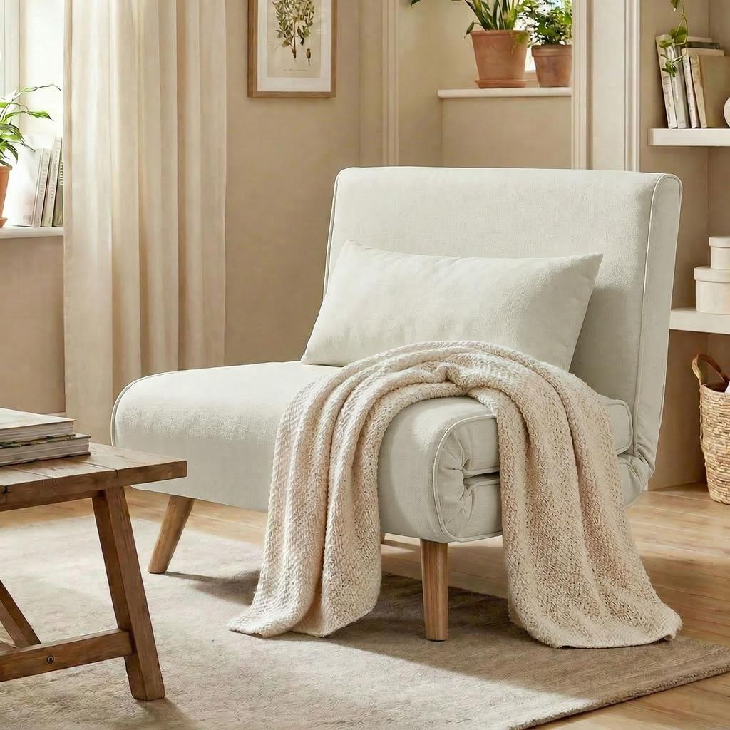 Convertible Chauffeuse Chair 3-in-1 Armchair Bed Single Bed 5-Position Backrest In Fabric with Cushion, Cream