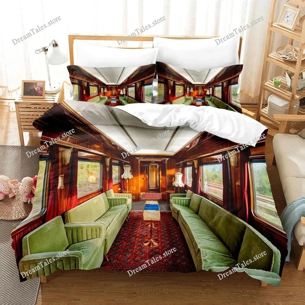 Set Copripiumino Motore a Vapore Trasporto Vecchio Treno King Queen Matrimoniale Completo Poliestere Set Biancheria da Letto per Ragazzi Adolescenti Adulti Soggiorno
