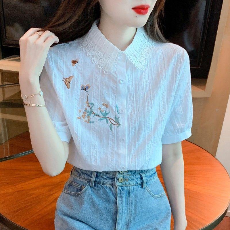 

Вышивка женские блузки весна осень рубашки женские повседневные с длинным рукавом отложной воротник однотонные блузы XS