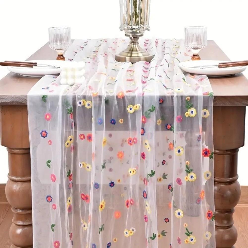 Semi-Transparent Tulle Table Runner Boho Floral Tablecloth  Holiday Decoration