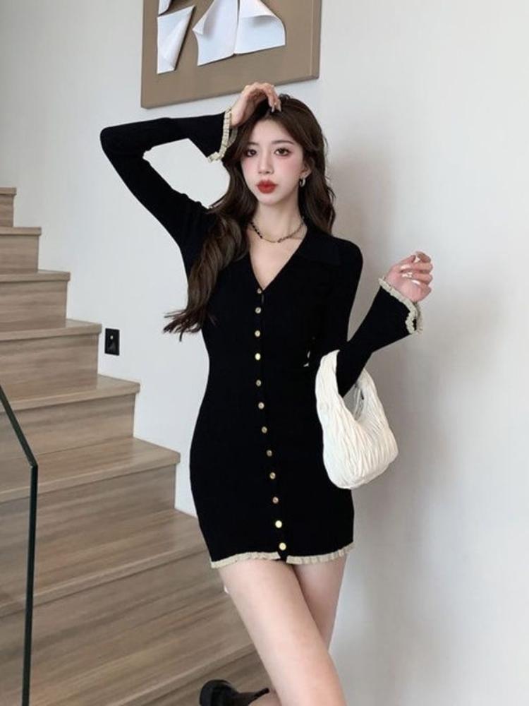 Toamnă Iarnă Moda franceză rochie cu mâneci lungi din tricot femei anii 2000 rochie cu decolteu în V Mini o singură bucată Coquette vintage Rochii elegante