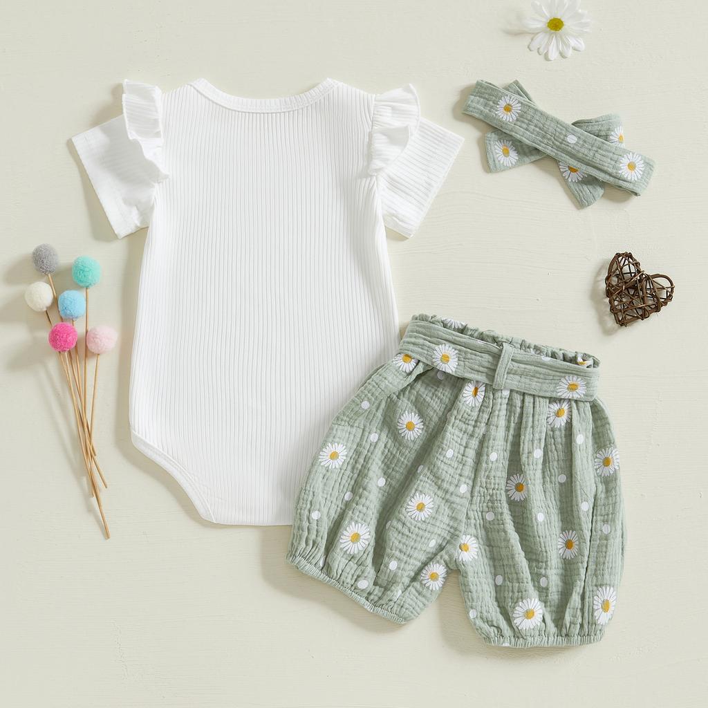 Baby Girls Summer Shorts Outfits Short Sleeve Ribbed Romper Belted Daisy Print Shorts Headband Sets