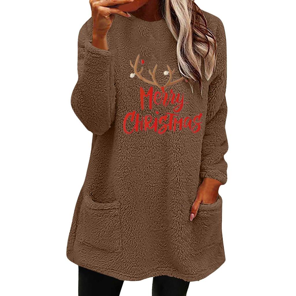 European and American Women’s Christmas Deer Print Casual Long Sleeve Pocket Hoodie